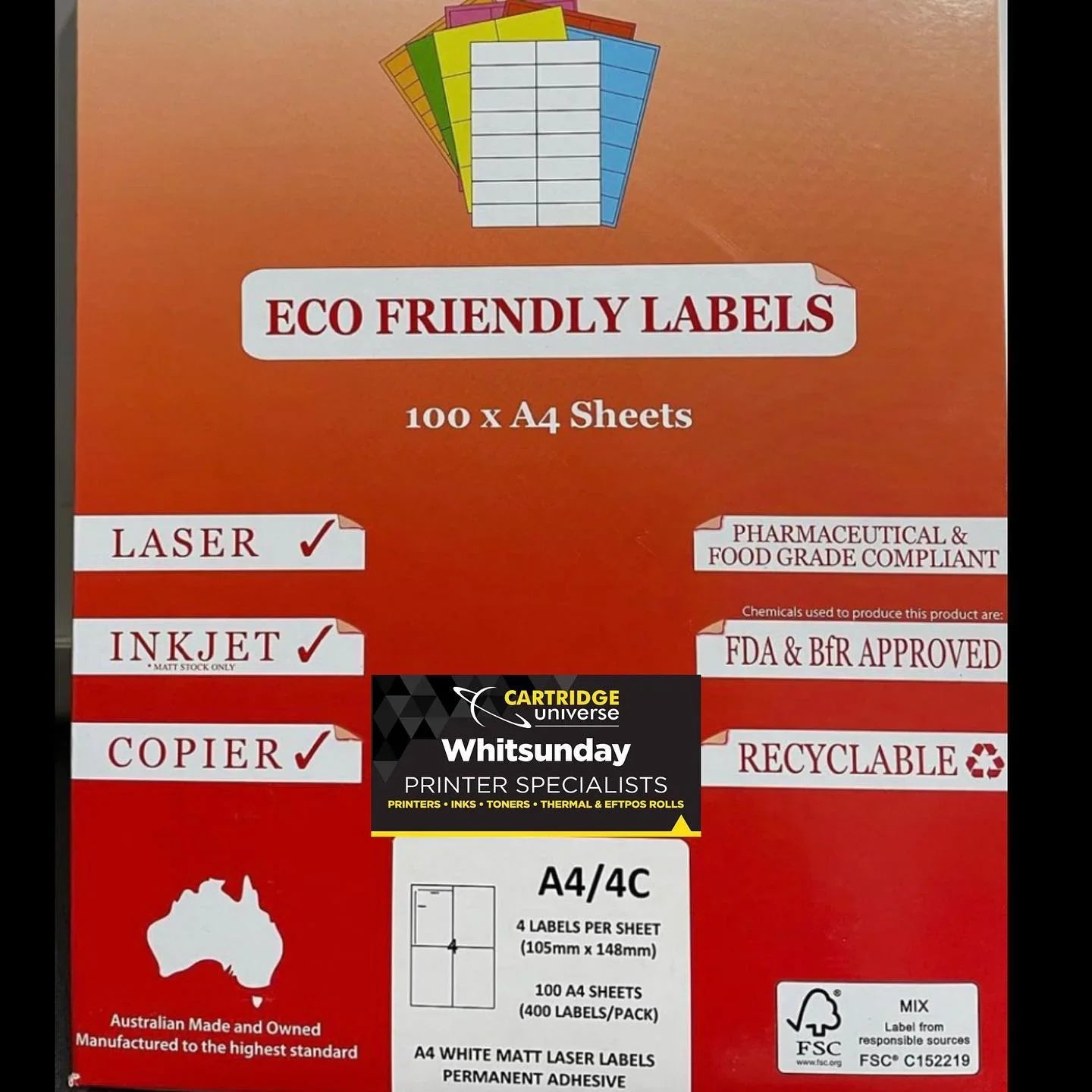 Eco Friendly Labels A4/4C 100 x A4 105 x 148mm - Cartridge Universe Whitsundays