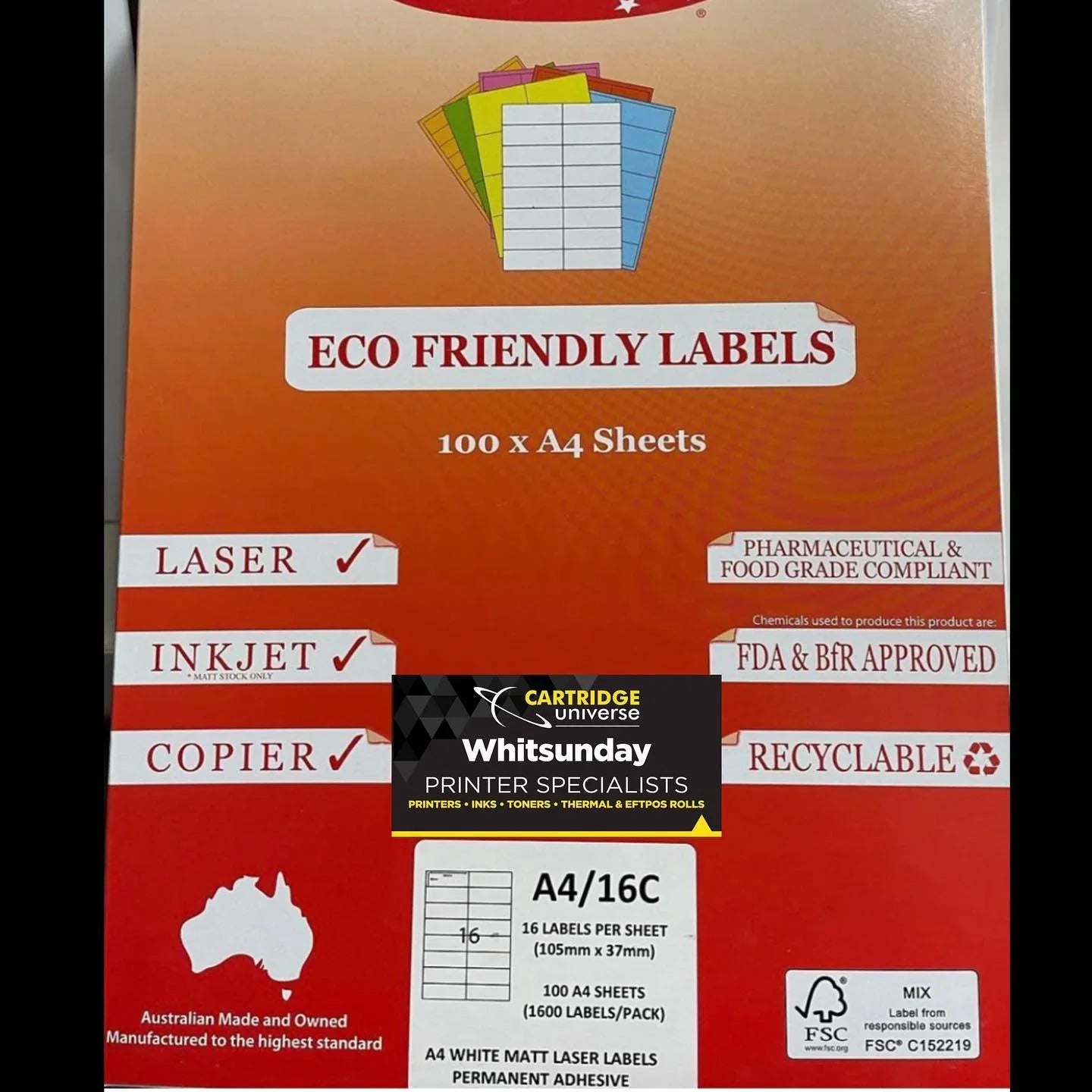Eco Friendly Labels A4/16C 100 x A4 105mm x 37mm - Cartridge Universe Whitsundays