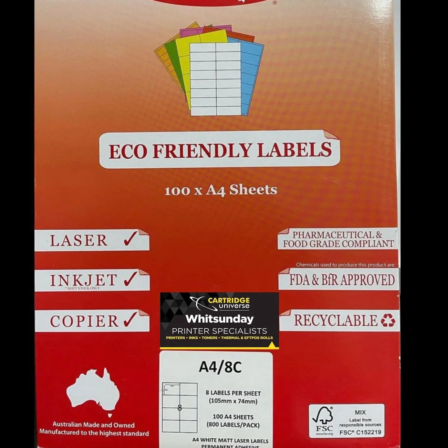 Eco Friendly Labels A4/8C 100x A4 105mm x 74mm - Cartridge Universe Whitsundays