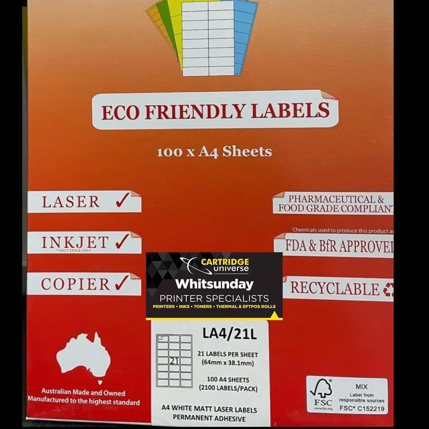 Eco Friendly Labels LA4/21L 100 x A4 64mm x 38.1mm - Cartridge Universe Whitsundays