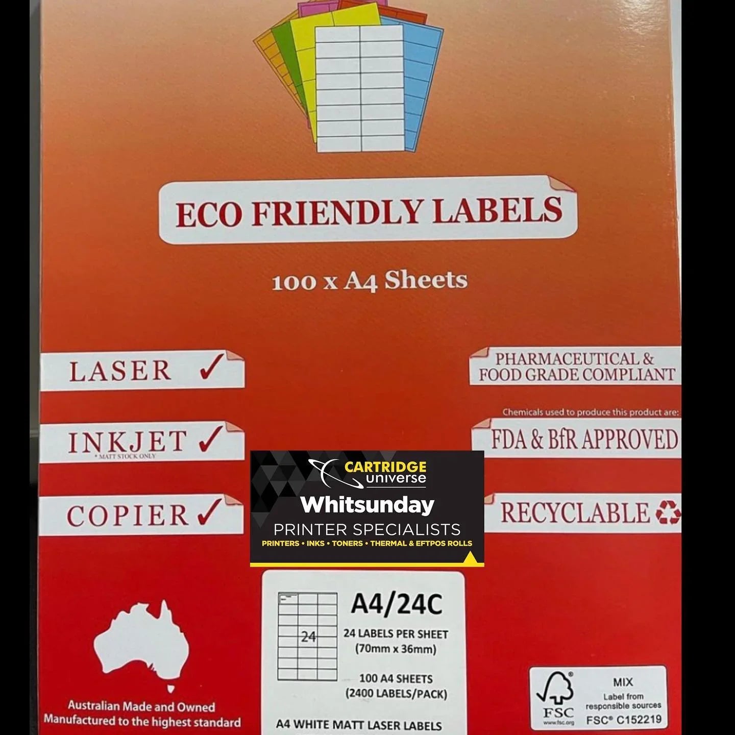 Eco Friendly Labels A4/24C 100x A4 70mm x 36mm - Cartridge Universe Whitsundays