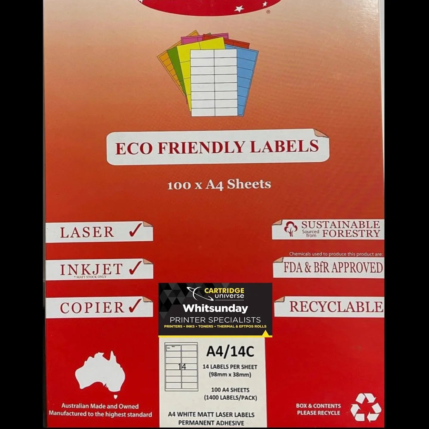 Eco Friendly Labels A4/14C 100 x A4 98mm x 38mm - Cartridge Universe Whitsundays