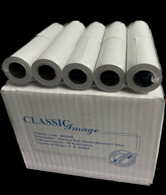 58 X 30 X 11.5mm TYRO Thermal Eftpos Rolls 50 pack