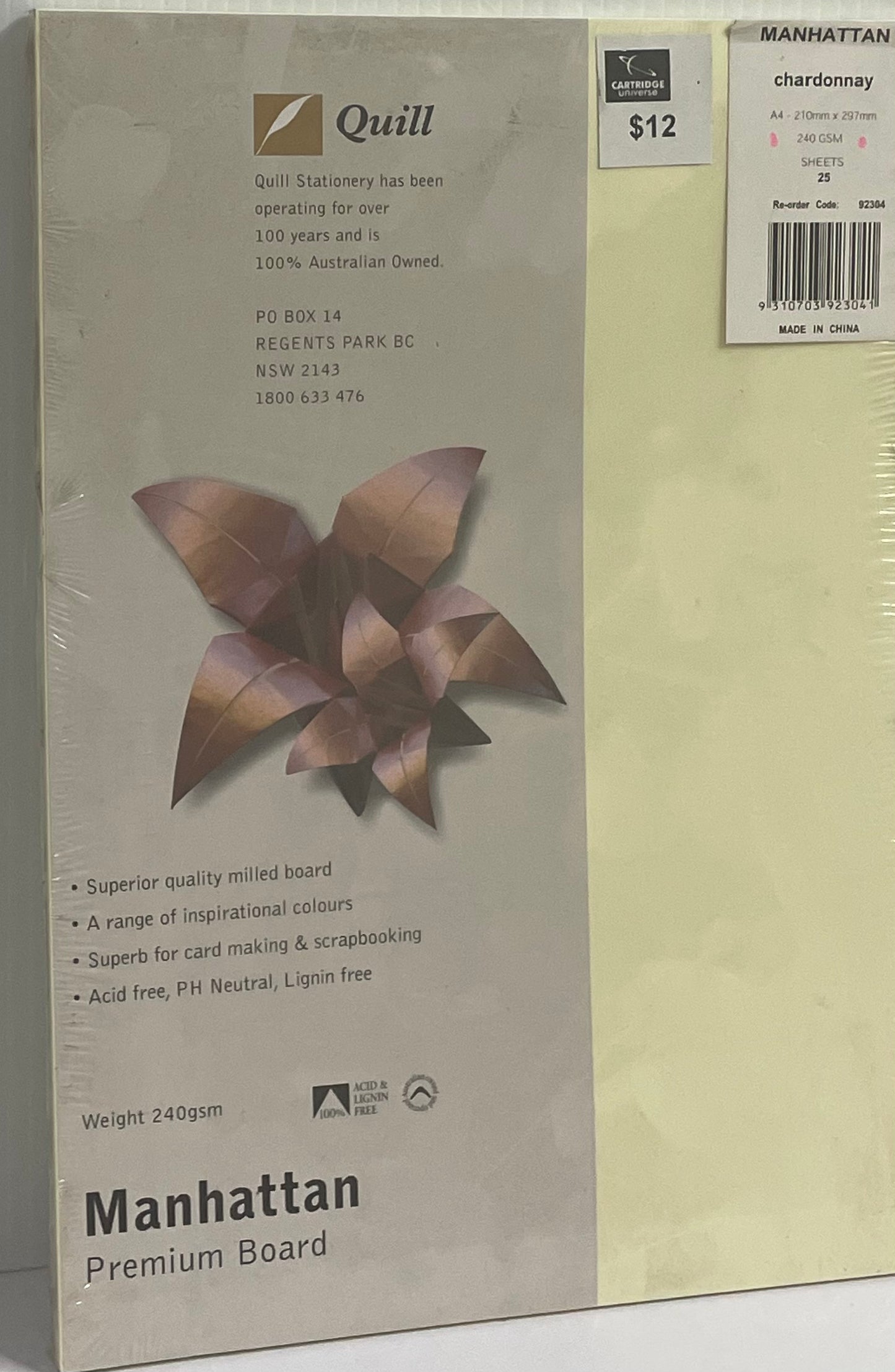 Quill A4 Paper 240gsm Manhattan Board " Chardonnay"- 25 Pack