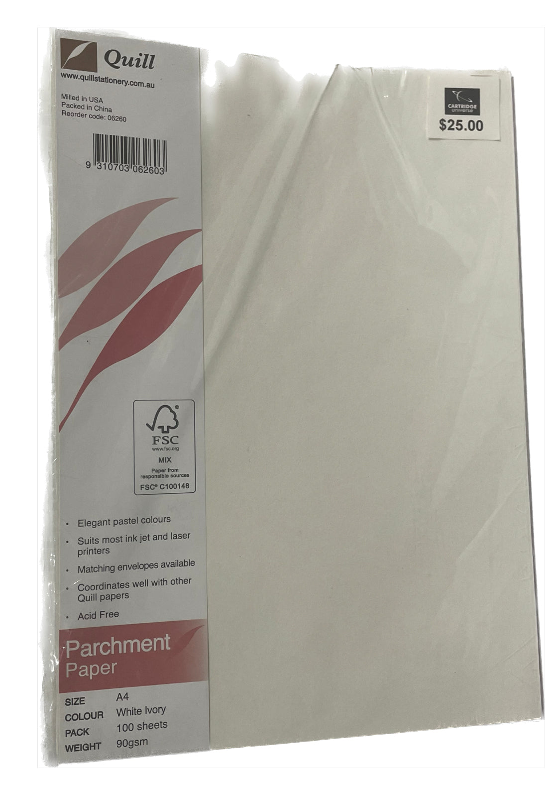 Paper 90 gsm Quill A4 100 sheets - Parchment White Ivory