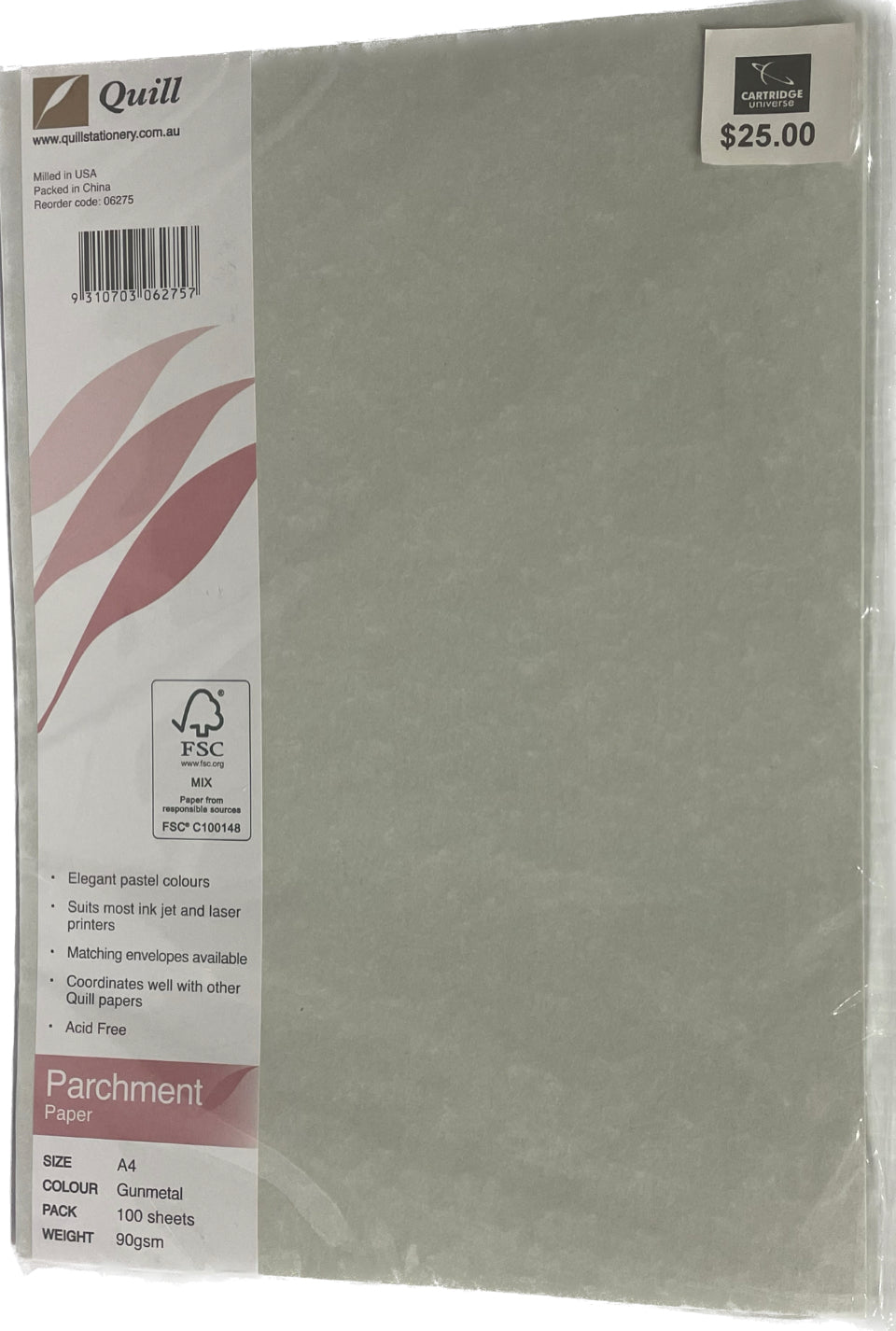 Paper 90gsm Quill A4 100 sheets- Parchment Gunmetal